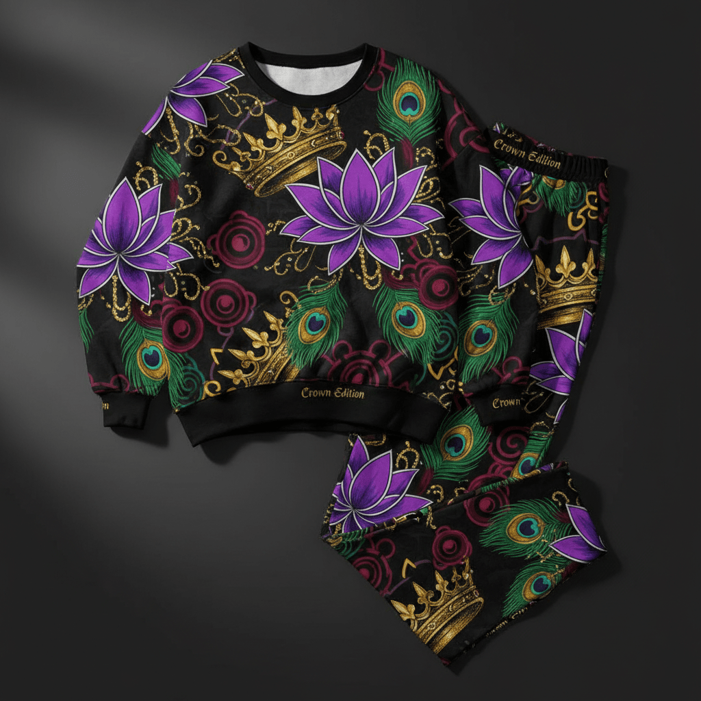 TITAN Crown Edition Tattoo Art Women's Lounge Matching Set - bold lotus peacock tattoo artwork on matte black fleece