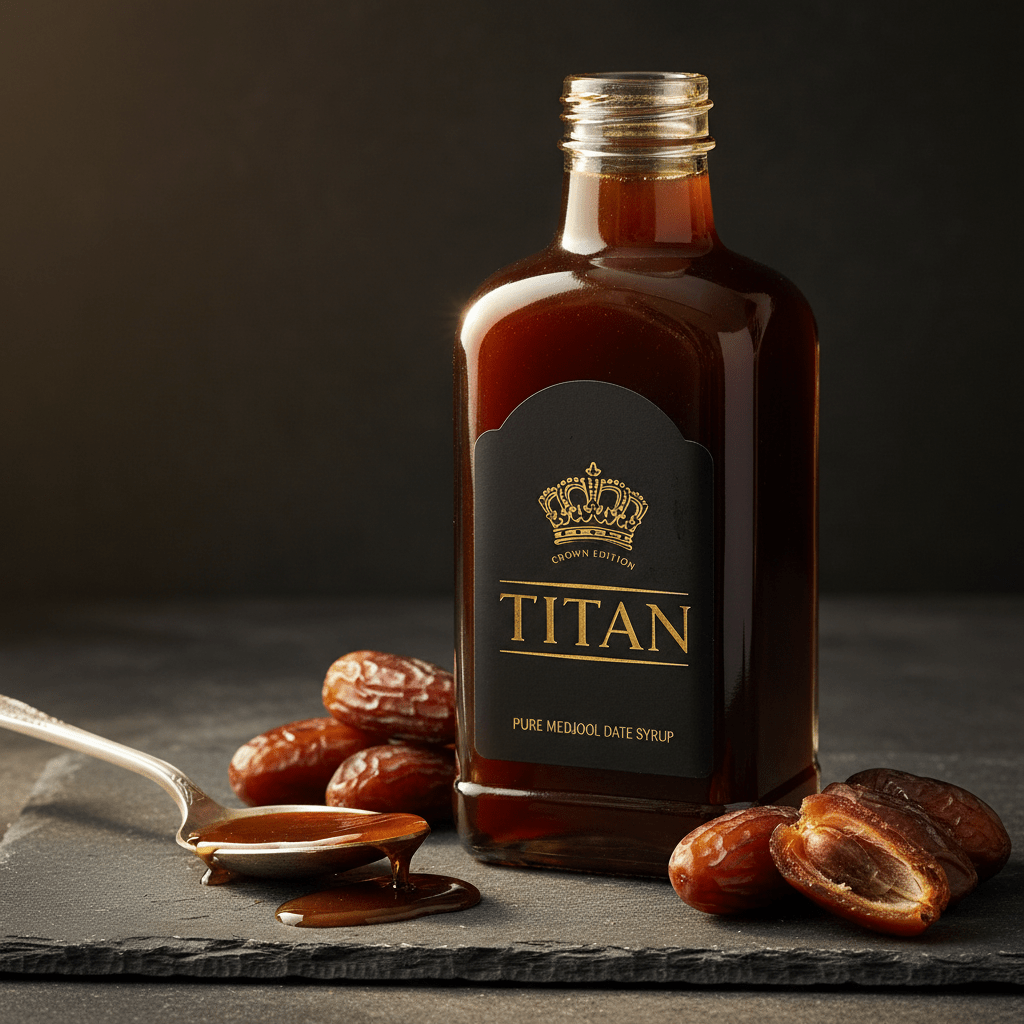 TITAN Date Syrup Pure Medjool Crown Edition — premium dark amber glass bottle product shot