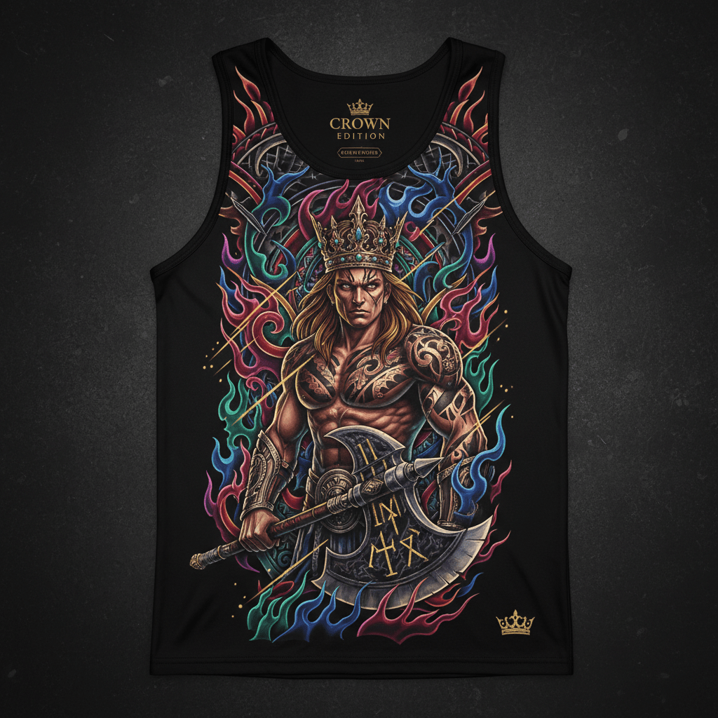Mighty Warrior Men's Tank — TITAN Crown Edition tattoo artwork