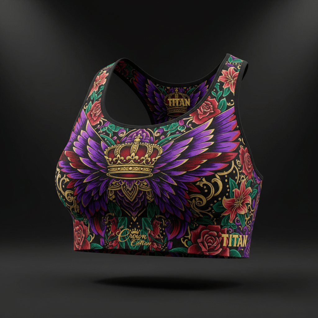 TITAN Women's Seamless Sports Bra with mandala, crown and butterfly tattoo-style Crown Edition artwork in purple, crimson and gold on matte black seamless fabric