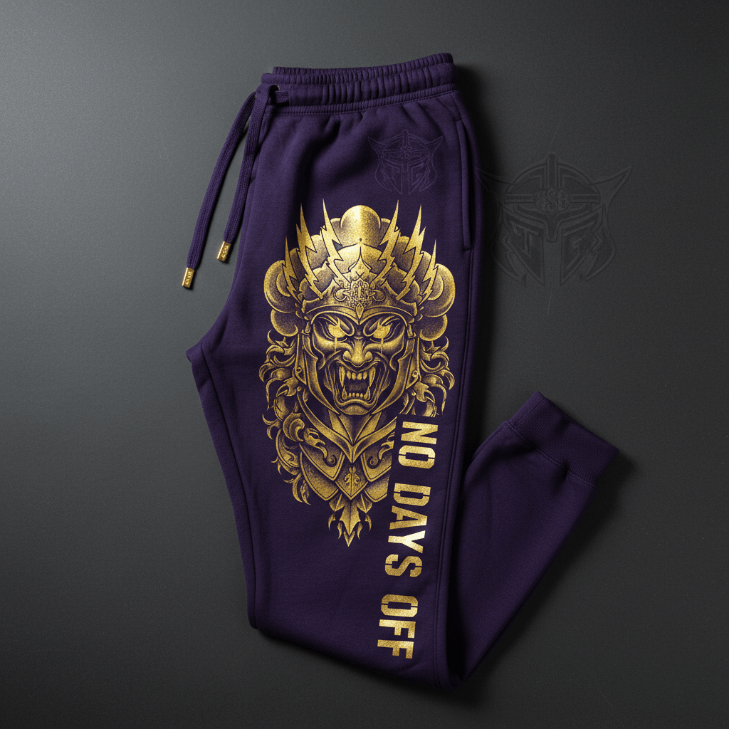 TITAN No Days Off Fleece Joggers Crown Storm Series midnight purple electric gold warrior streetwear