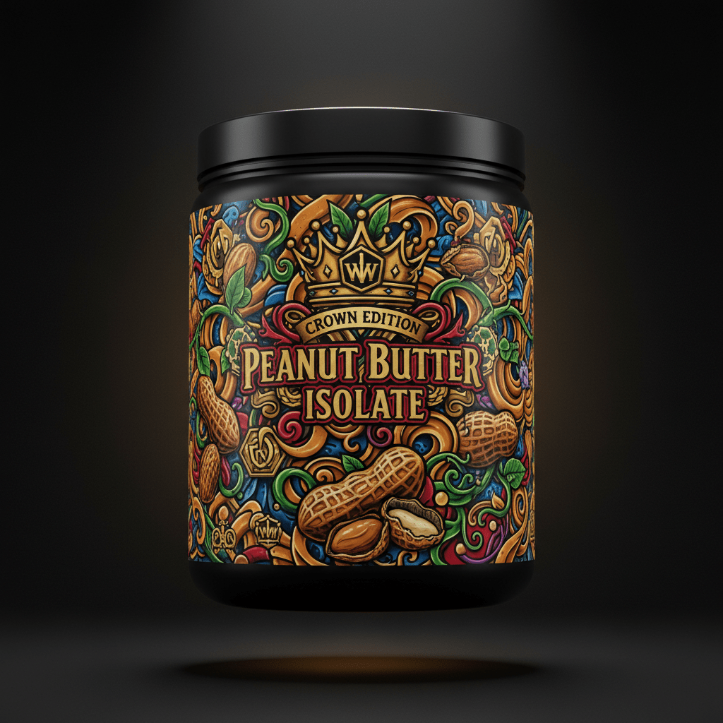 TITAN Whey Protein Isolate Peanut Butter — Crown Edition bold tattoo-style artwork