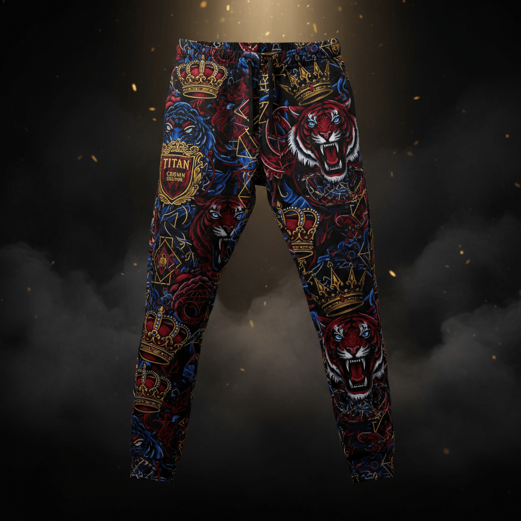 TITAN Men's Jogger Pants with crown and tiger tattoo-style Crown Edition artwork in crimson, blue and gold on matte black French terry fabric