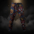 TITAN Men's Jogger Pants with crown and tiger tattoo-style Crown Edition artwork in crimson, blue and gold on matte black French terry fabric
