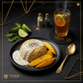 TITAN Thai Sweet Mango Sticky Rice Protein Breakfast flat lay dark luxury