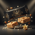 TITAN Protein Rice Crispy Bar – Vanilla Almond, matte black packaging with gold crown tattoo artwork, crispy rice bar with roasted almonds and vanilla pods