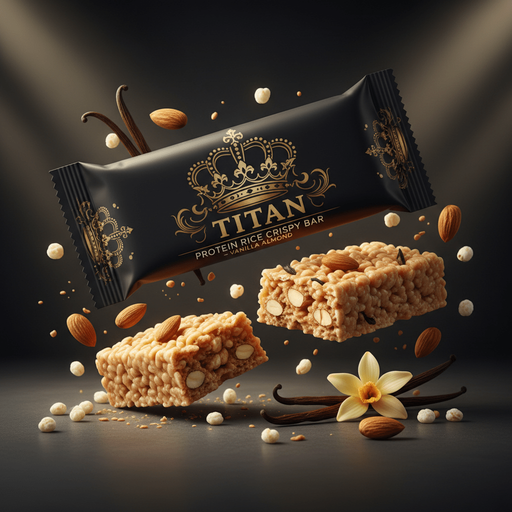 TITAN Protein Rice Crispy Bar – Vanilla Almond, matte black packaging with gold crown tattoo artwork, crispy rice bar with roasted almonds and vanilla pods