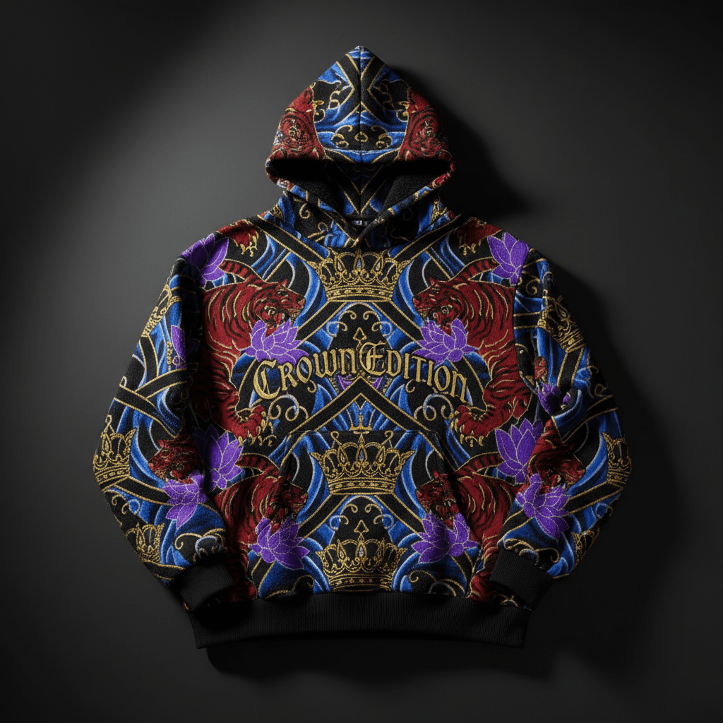 TITAN Crown Edition Tattoo Art Men's Lounge Hoodie - bold tiger lotus tattoo artwork on matte black heavyweight fleece