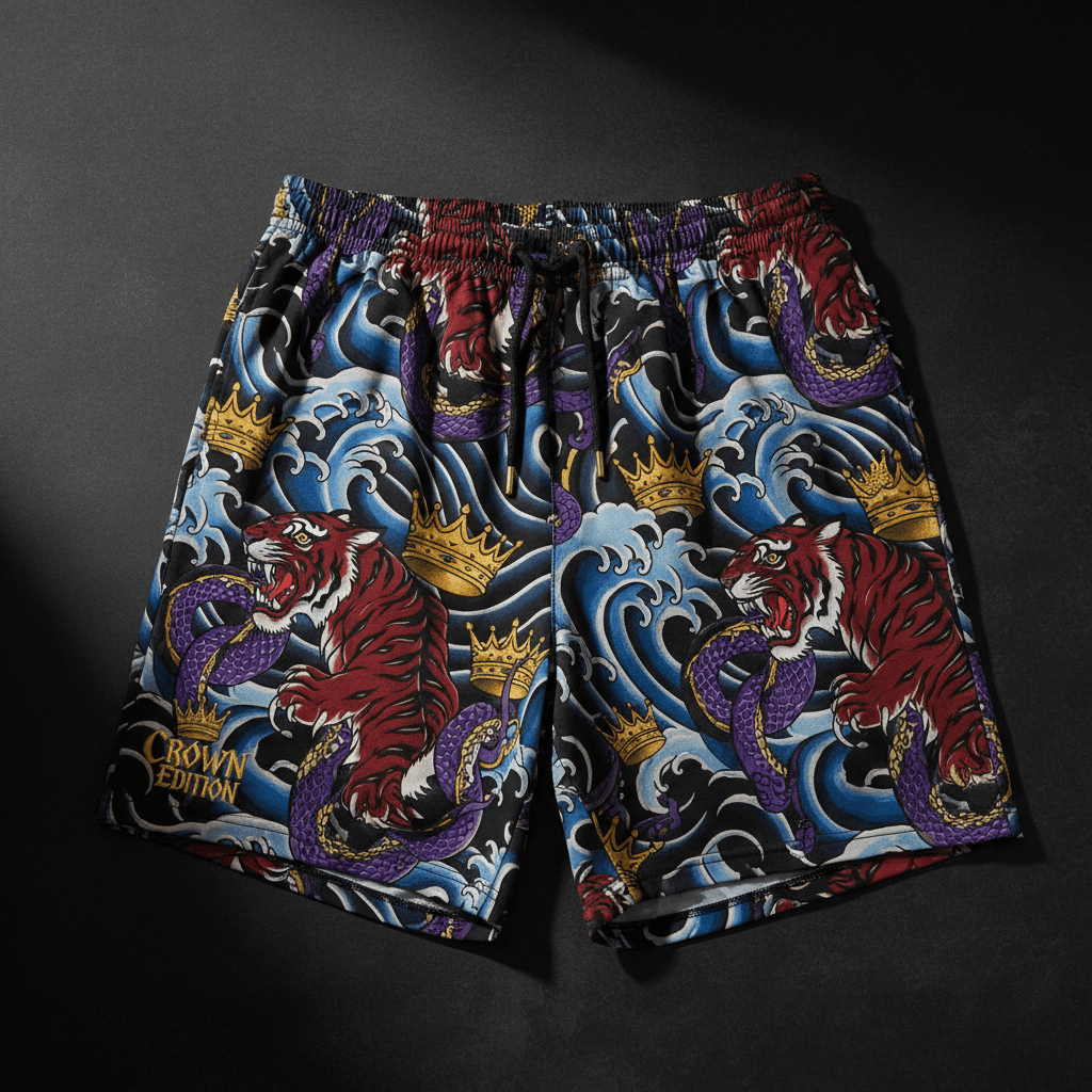 TITAN Crown Edition Tattoo Art Men's Lounge Shorts - bold tiger wave tattoo artwork on matte black fabric