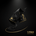 TITAN Muay Thai Shorts Blackout Gold — matte black satin with gold crown logo