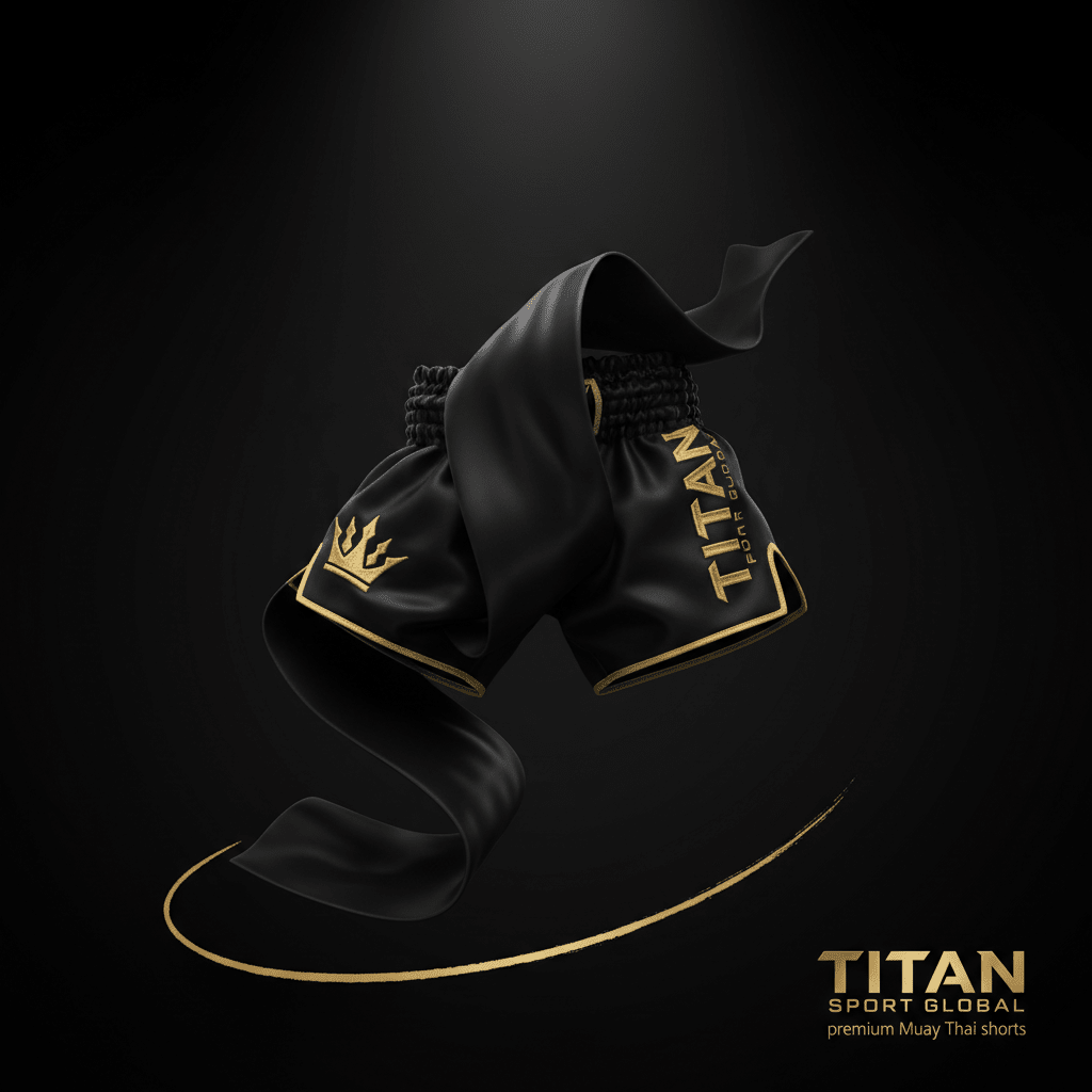 TITAN Muay Thai Shorts Blackout Gold — matte black satin with gold crown logo