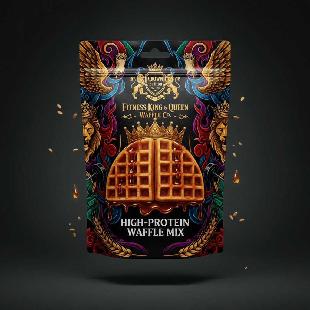 TITAN High-Protein Waffle Mix Buttermilk Style — Crown Edition bold tattoo-style artwork