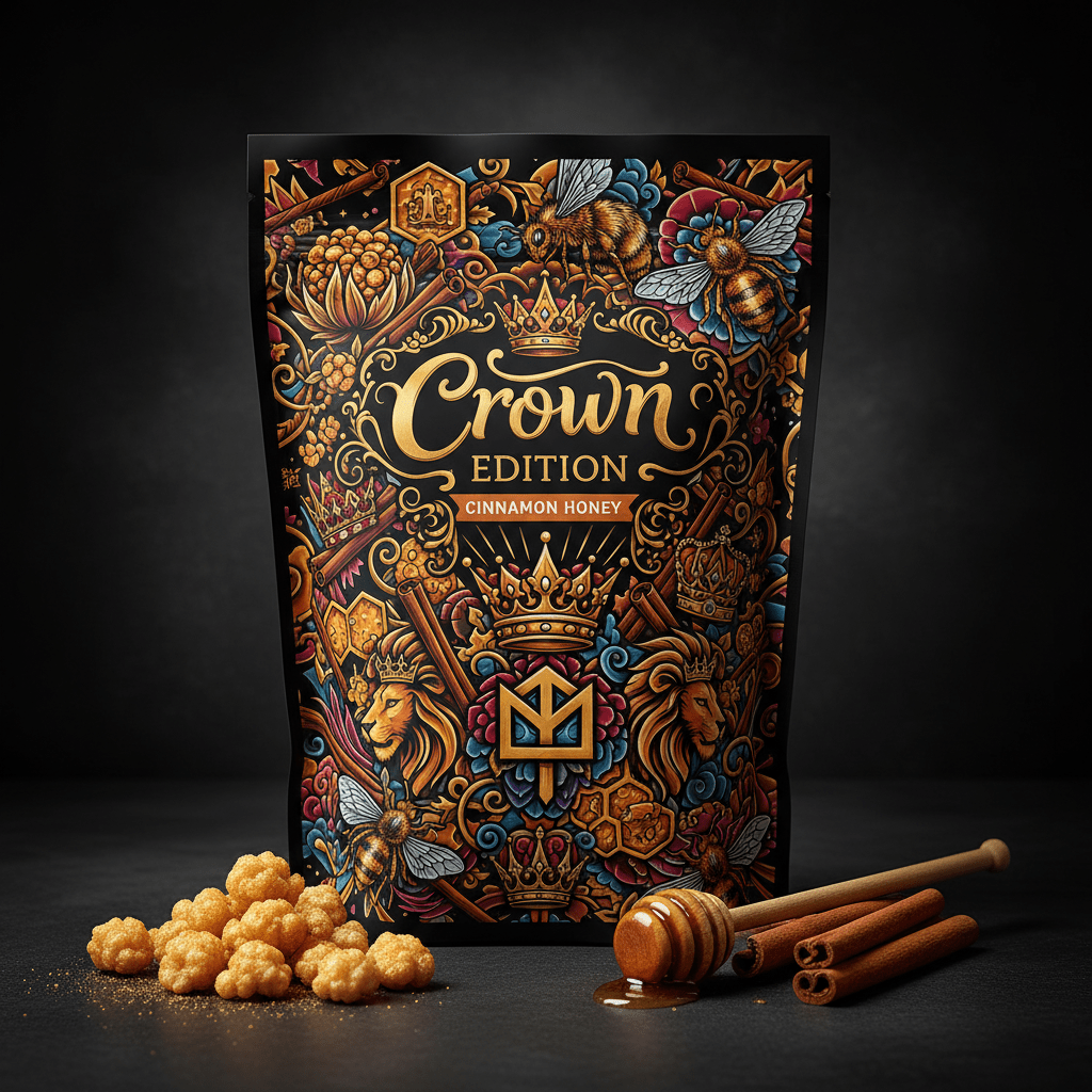TITAN Puffed Quinoa Cereal Cinnamon Honey — Crown Edition bold tattoo-style artwork