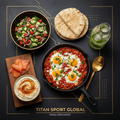 TITAN Israeli Shakshuka Smoked Salmon Breakfast meal kit flat lay dark luxury
