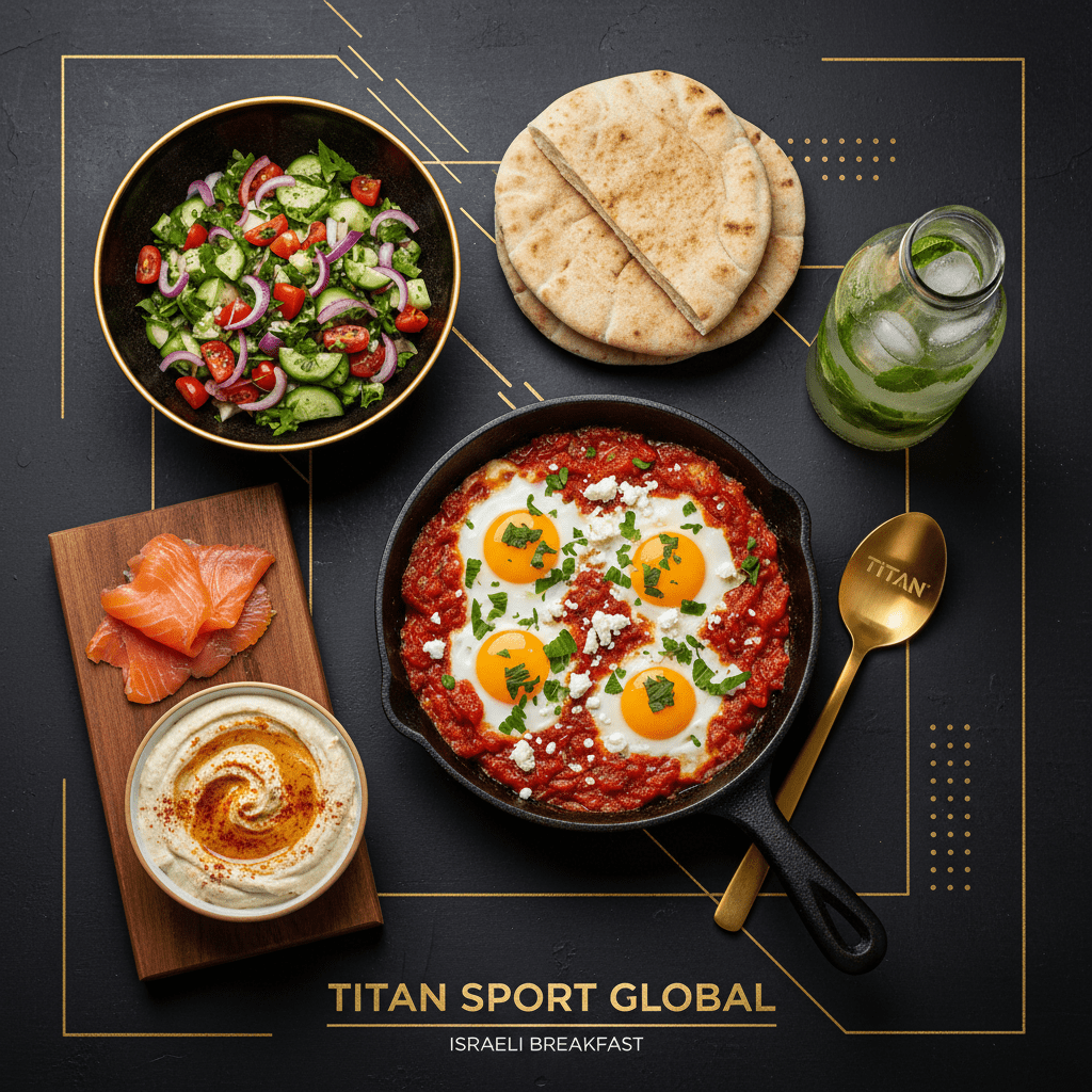 TITAN Israeli Shakshuka Smoked Salmon Breakfast meal kit flat lay dark luxury