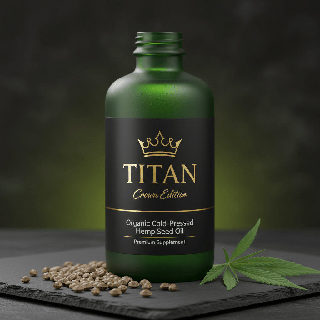 TITAN Organic Hemp Seed Oil Cold-Pressed Crown Edition — premium dark green frosted glass bottle product shot