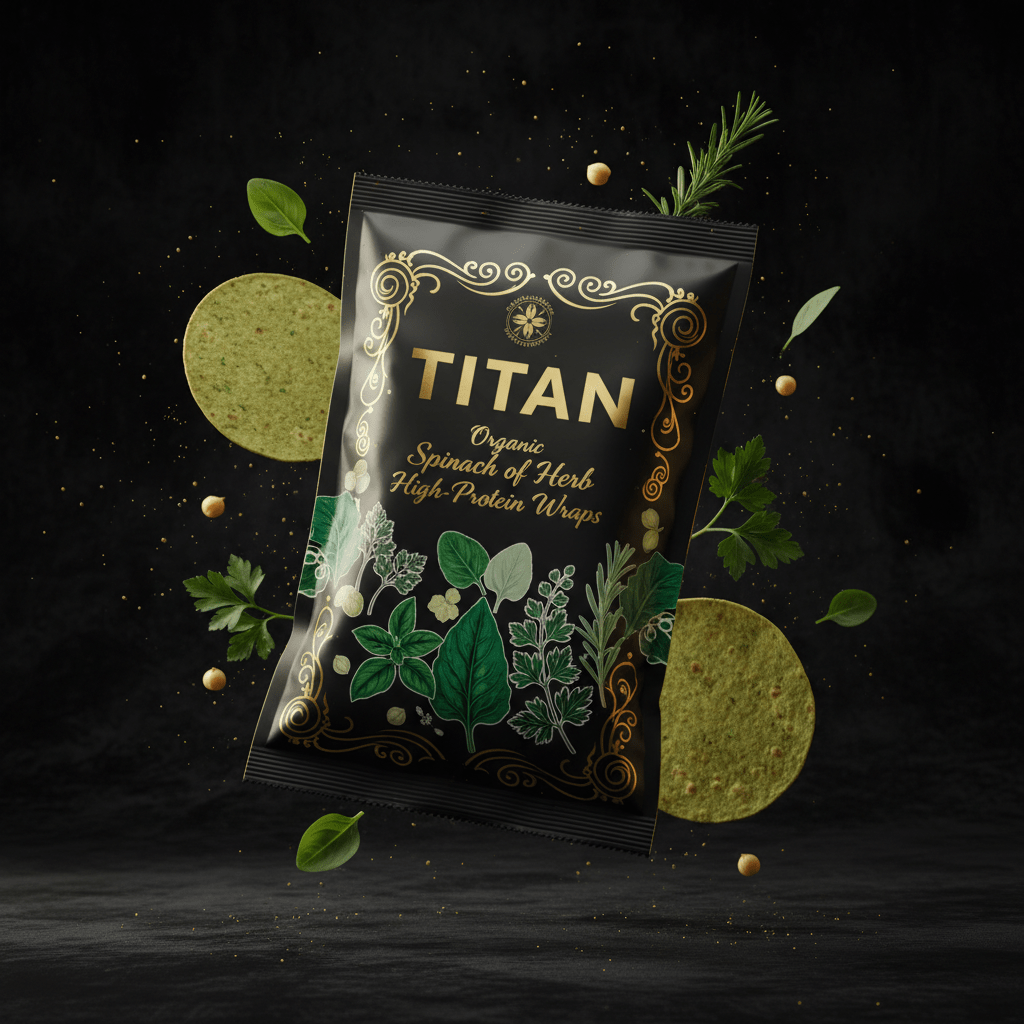 TITAN Organic High-Protein Wraps Spinach & Herb — ultra-premium luxury editorial product shot