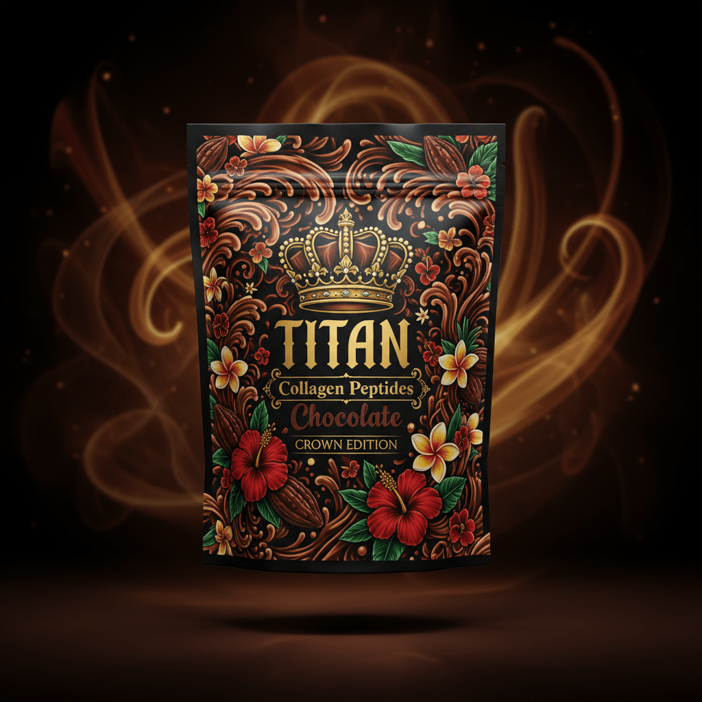 TITAN Collagen Peptides Chocolate - Crown Edition tattoo-style artwork