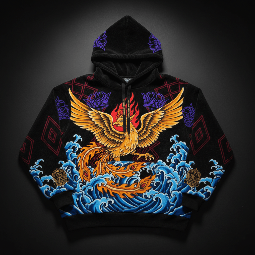 TITAN Crown Edition Tattoo Art Men's Heavyweight Lounge Hoodie - bold colorful tattoo artwork on matte black 400GSM fleece