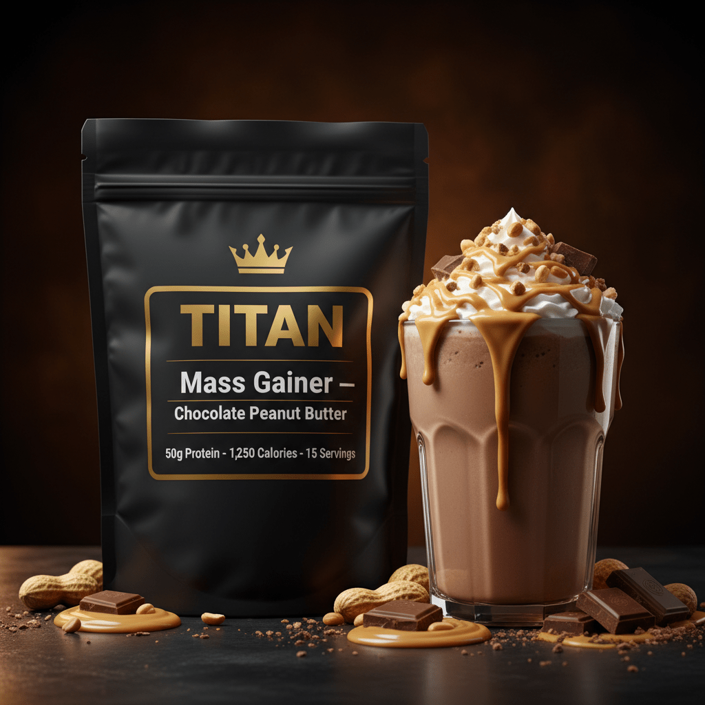 TITAN Mass Gainer Chocolate Peanut Butter — Matte black bag with gold crown, thick shake with peanuts and chocolate chunks