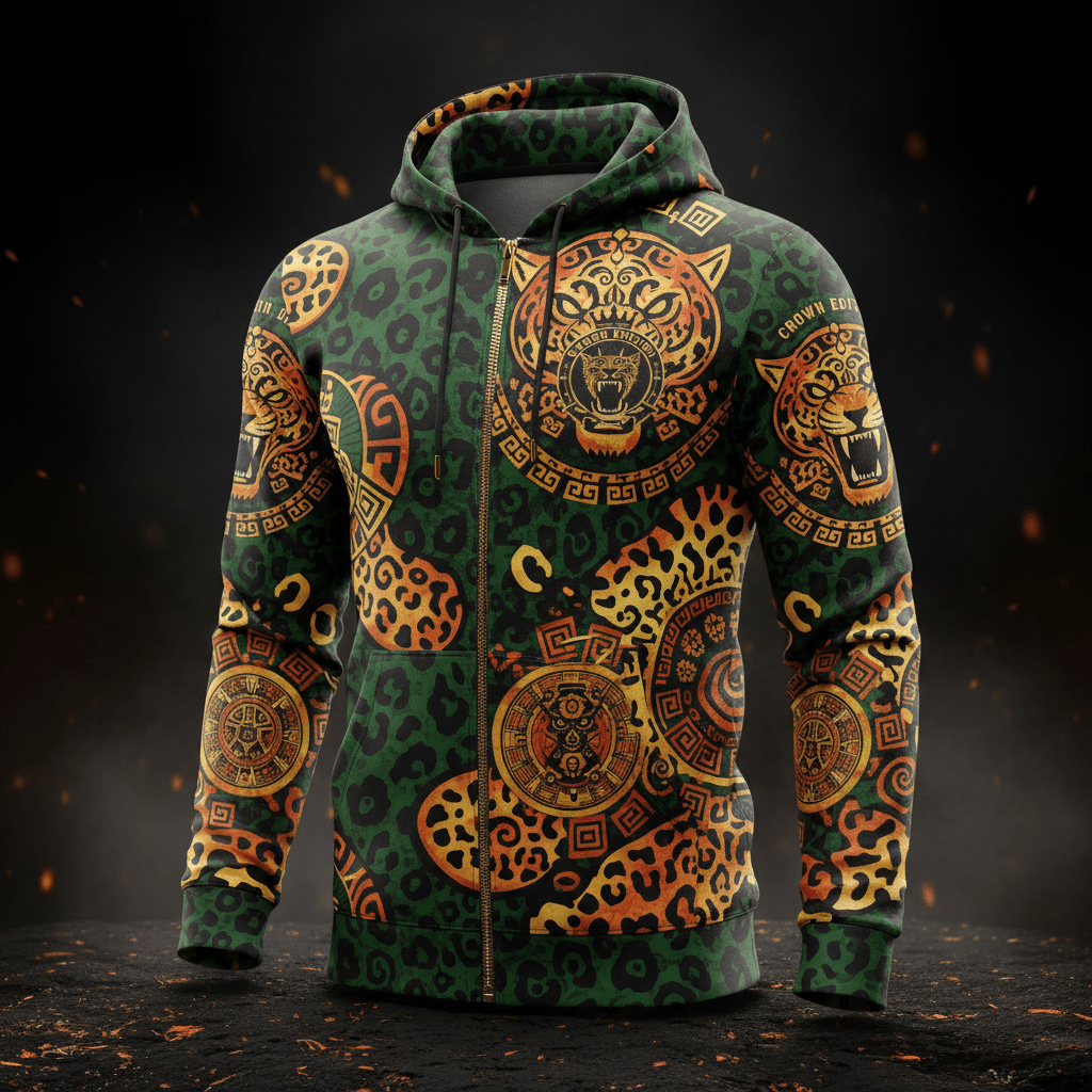 TITAN Aztec Jaguar Warrior Zip-Up Hoodie — Ocelotl Edition