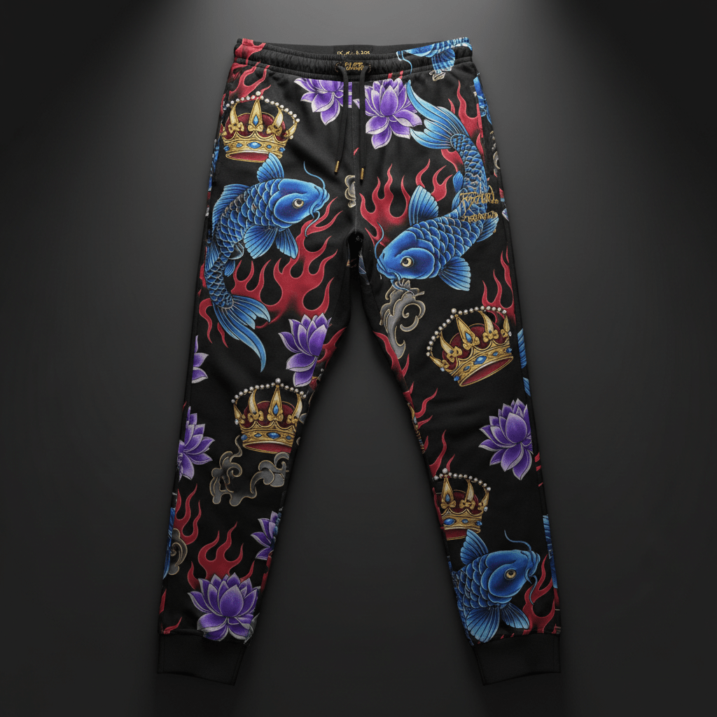 TITAN Crown Edition Tattoo Art Men's Lounge Sweatpants - bold colorful tattoo artwork on matte black fleece