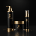TITAN 4-piece skincare set: matte black bottles and jars with gold metallic caps, gold logo, and gold particles.