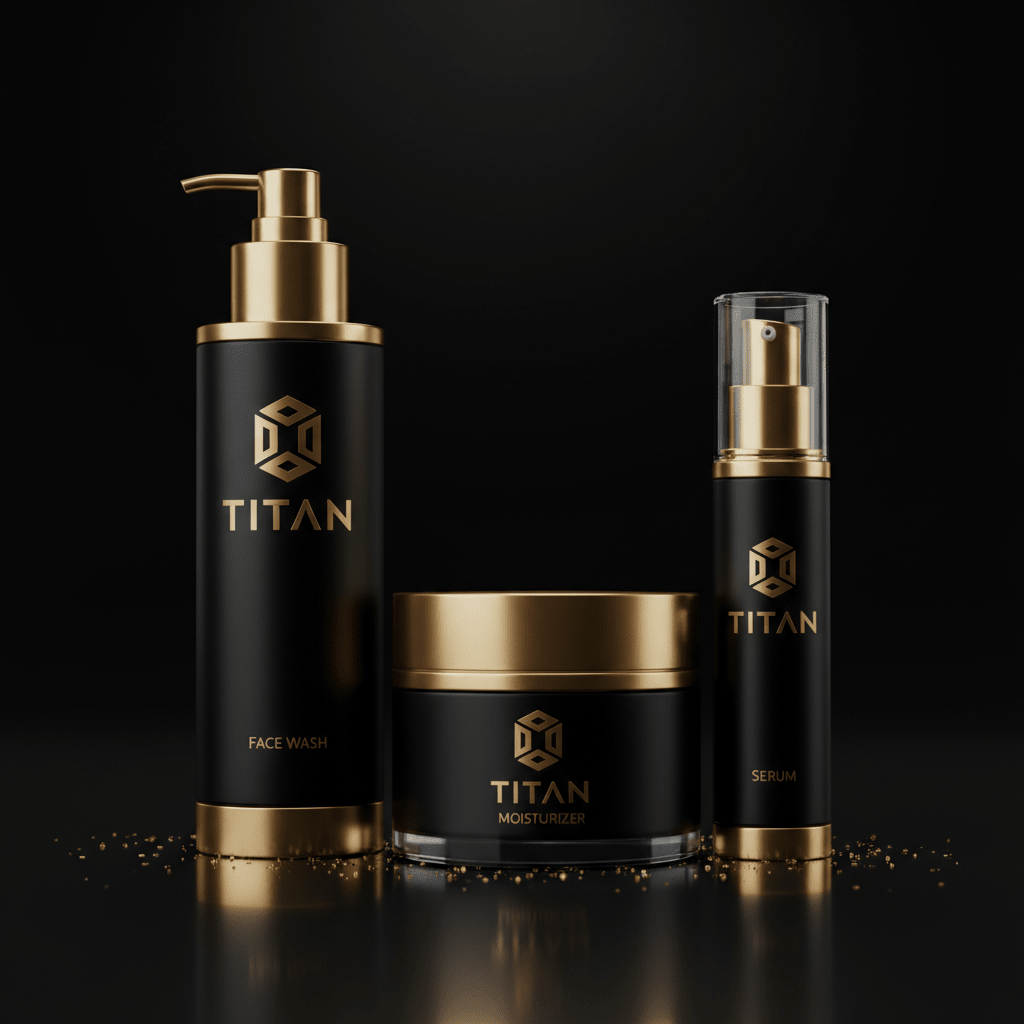 TITAN 4-piece skincare set: matte black bottles and jars with gold metallic caps, gold logo, and gold particles.