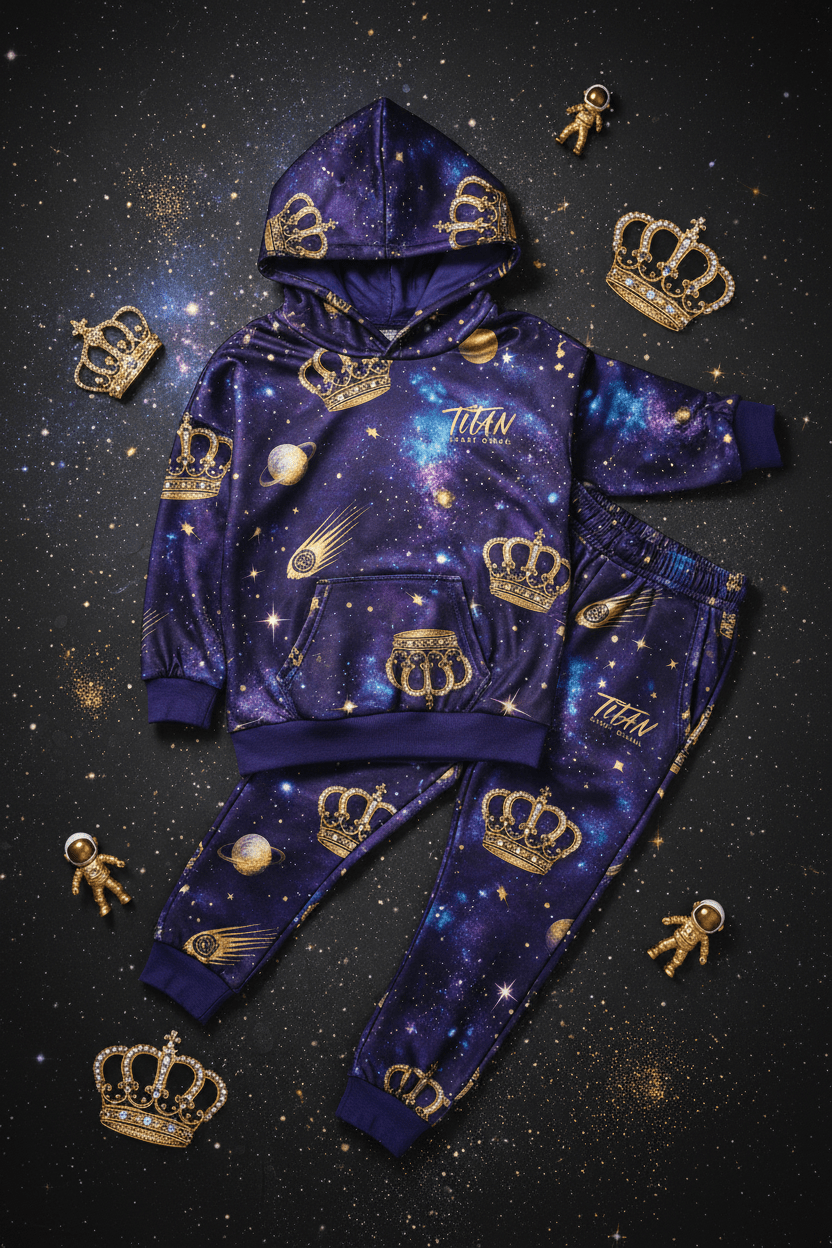 TITAN Kids Galaxy Crown Jogger Set flat lay Cosmic Royals SWAG Edition