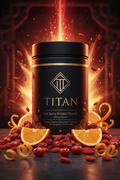 TITAN Goji Berry Protein Powder Citrus Burst — ancient Eastern-inspired canister with vibrant red goji berries, citrus slices and imperial crimson-gold dynasty glow
