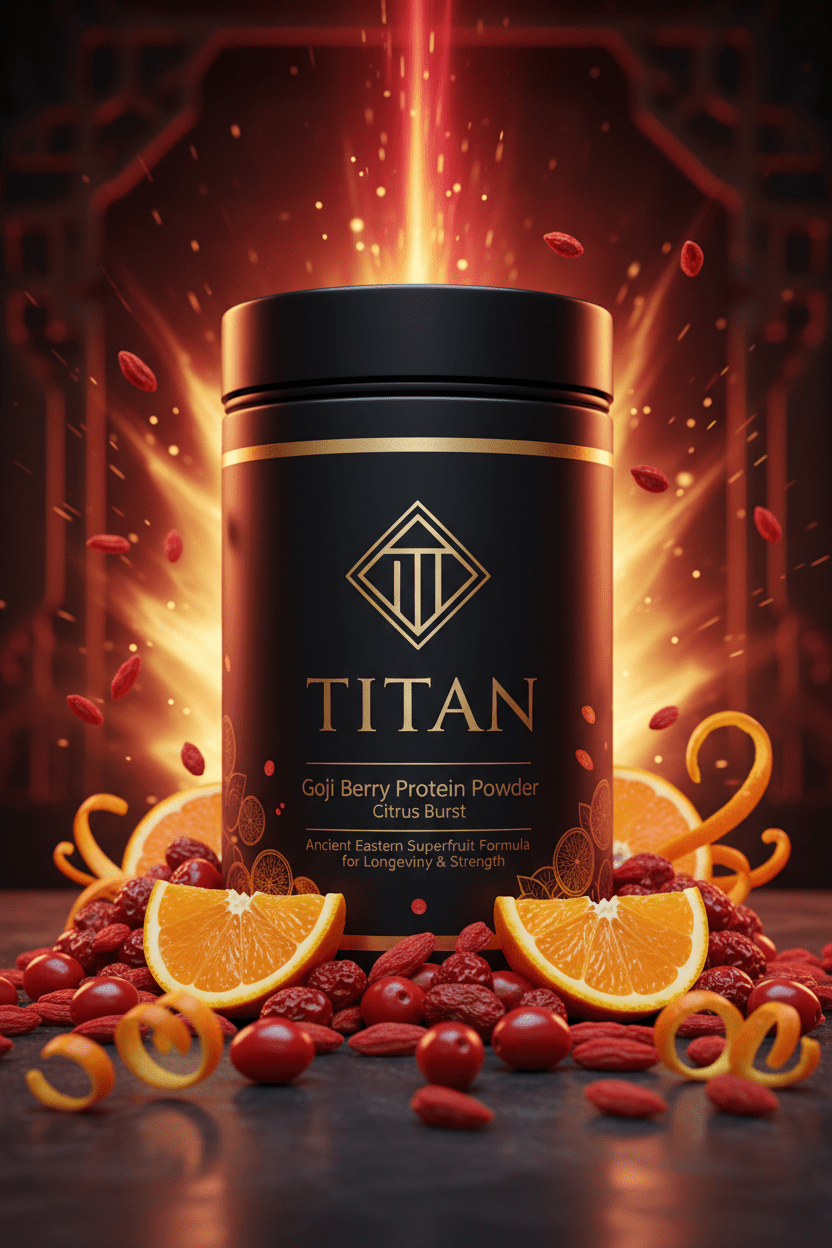 TITAN Goji Berry Protein Powder Citrus Burst — ancient Eastern-inspired canister with vibrant red goji berries, citrus slices and imperial crimson-gold dynasty glow