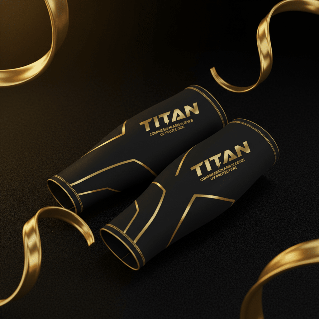 TITAN Crown Edition black compression arm sleeves with metallic gold branding and geometric gold line accents.