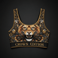 TITAN Crown Edition Women's Sports Bra — Lioness tattoo artwork on matte black fabric