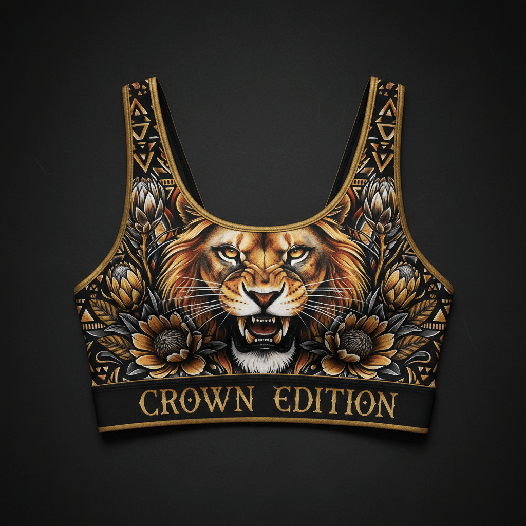 TITAN Crown Edition Women's Sports Bra — Lioness tattoo artwork on matte black fabric