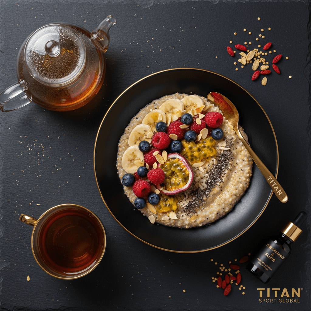 TITAN Bolivian Quinoa Power Breakfast Bowl flat lay dark luxury