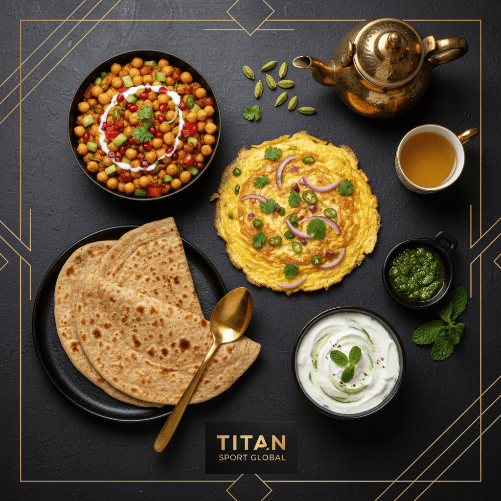TITAN Pakistani Masala Omelette Chana Power Breakfast meal kit flat lay dark luxury
