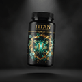 TITAN Ergothioneine Mushroom Complex black glass bottle with 24K gold accents and glowing mitochondria shield pattern artwork in emerald green, gold and white