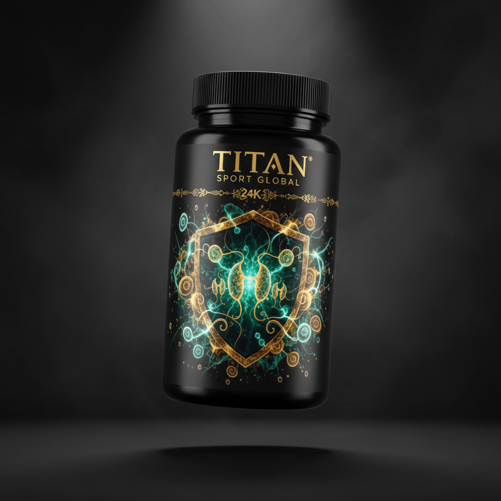 TITAN Ergothioneine Mushroom Complex black glass bottle with 24K gold accents and glowing mitochondria shield pattern artwork in emerald green, gold and white