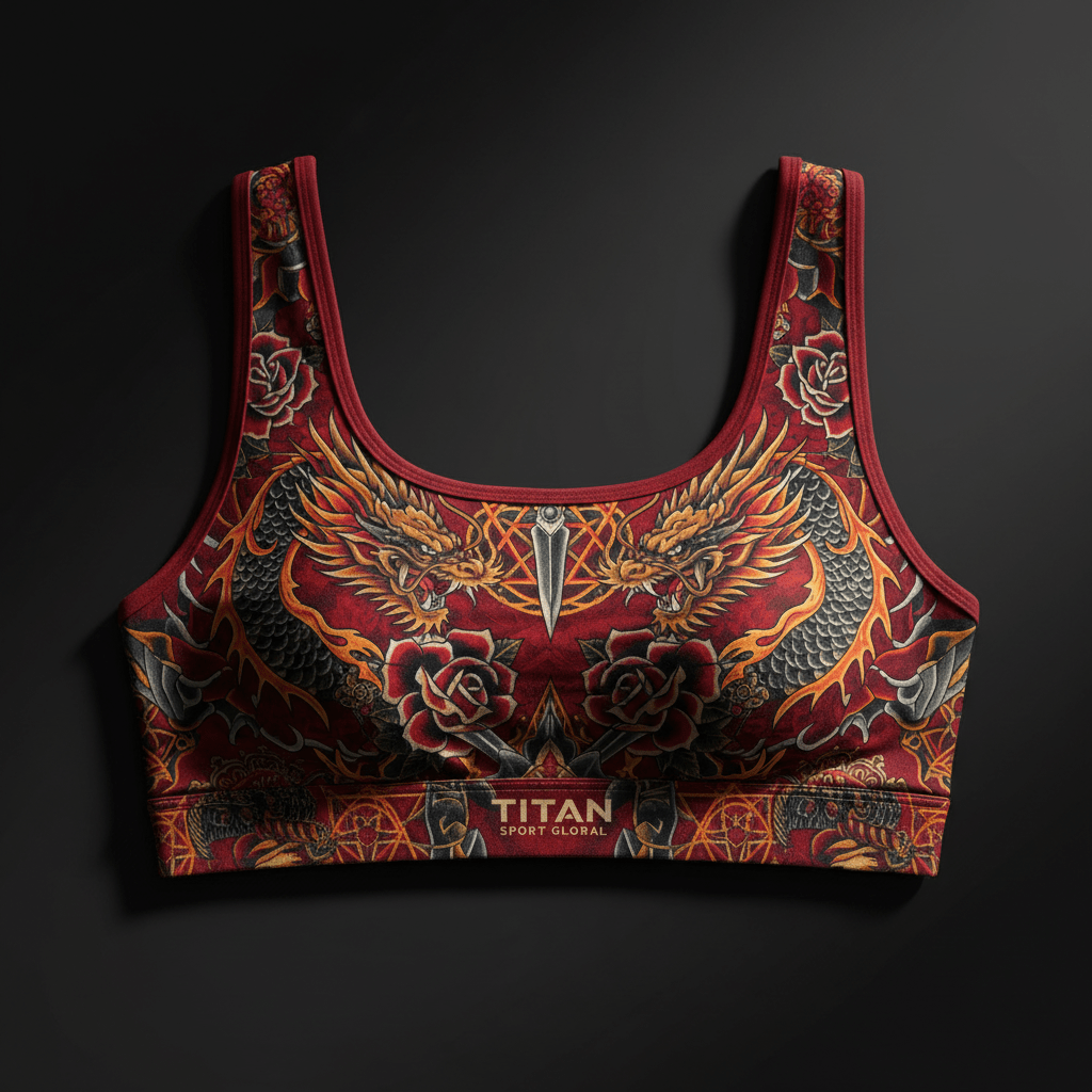 TITAN Crown Edition Dragon Fire Sports Bra — Crimson & Gold tattoo artwork