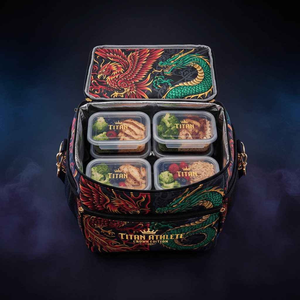 TITAN Athlete Meal Prep Bag — Crown Edition phoenix dragon tattoo overhead flat lay