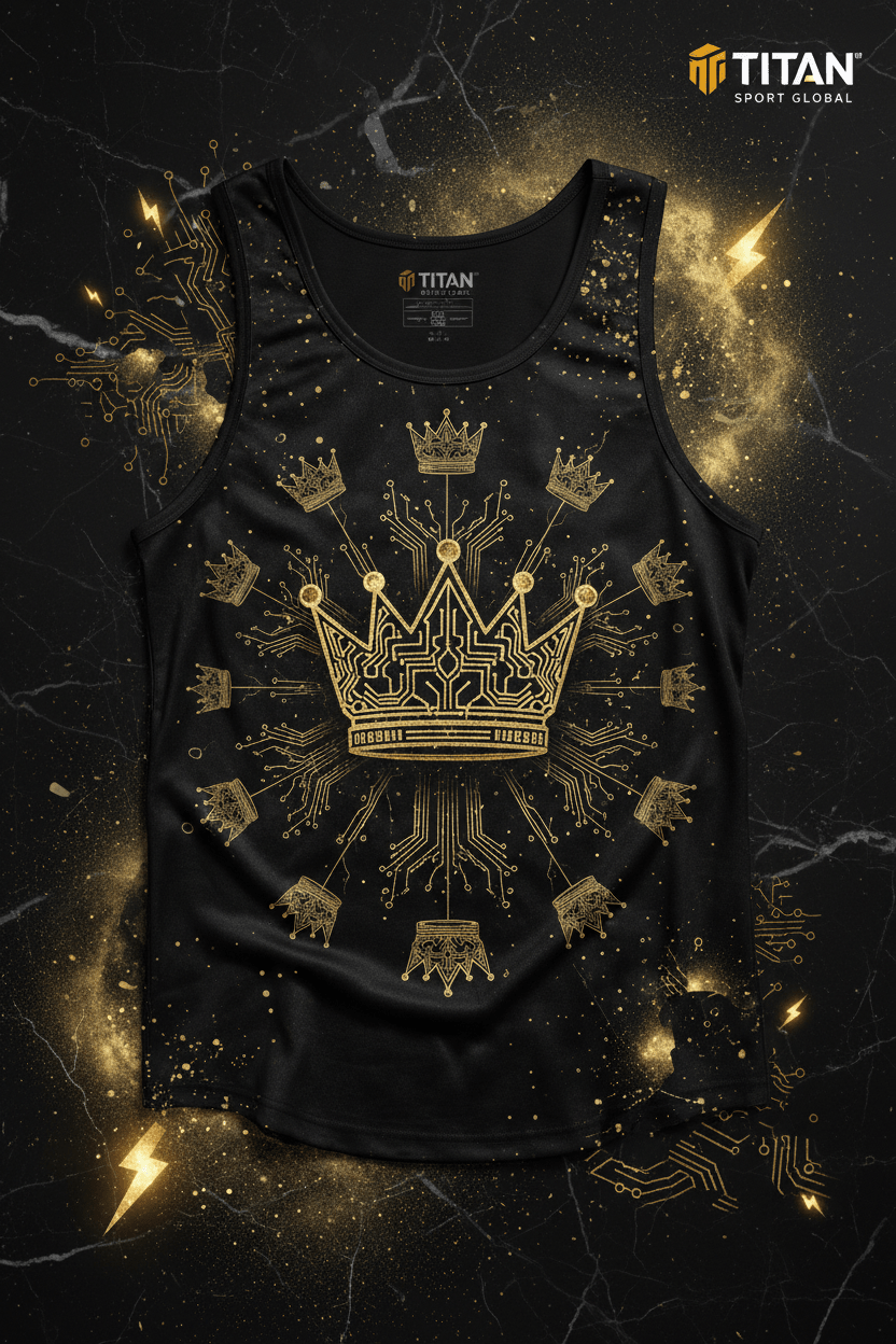 TITAN Men's Cyber Gold Crown Muscle Tank flat lay Tech SWAG Edition
