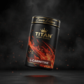 TITAN L-Carnitine supplement bottle with Crown Edition matte black and gold packaging featuring crimson and molten orange flame artwork with molecular chain structures