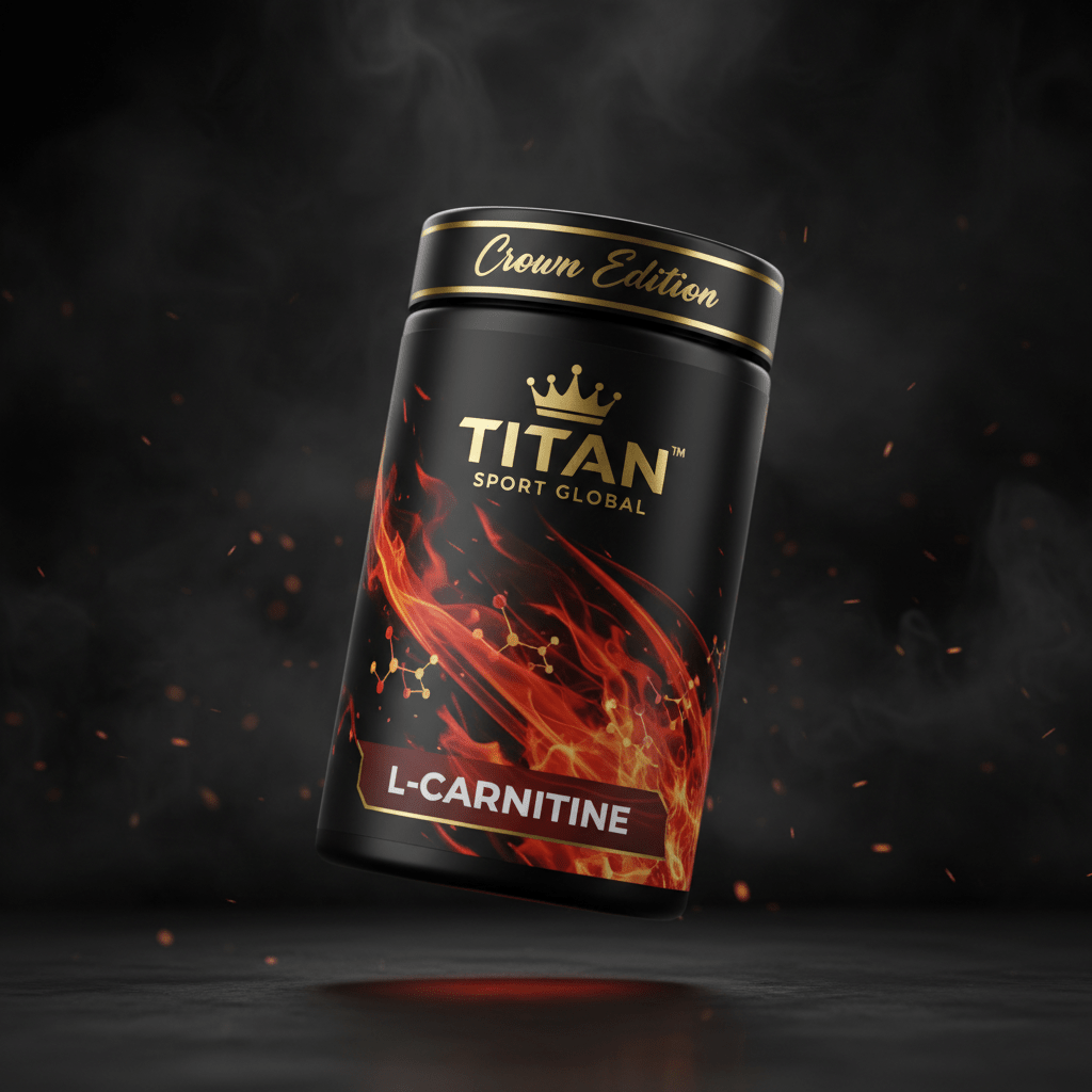 TITAN L-Carnitine supplement bottle with Crown Edition matte black and gold packaging featuring crimson and molten orange flame artwork with molecular chain structures