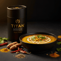 TITAN Clean Eating Protein Bowl Lentil & Turmeric — golden hour bowl shot with vibrant turmeric lentil dal, coconut cream swirl and fresh cilantro