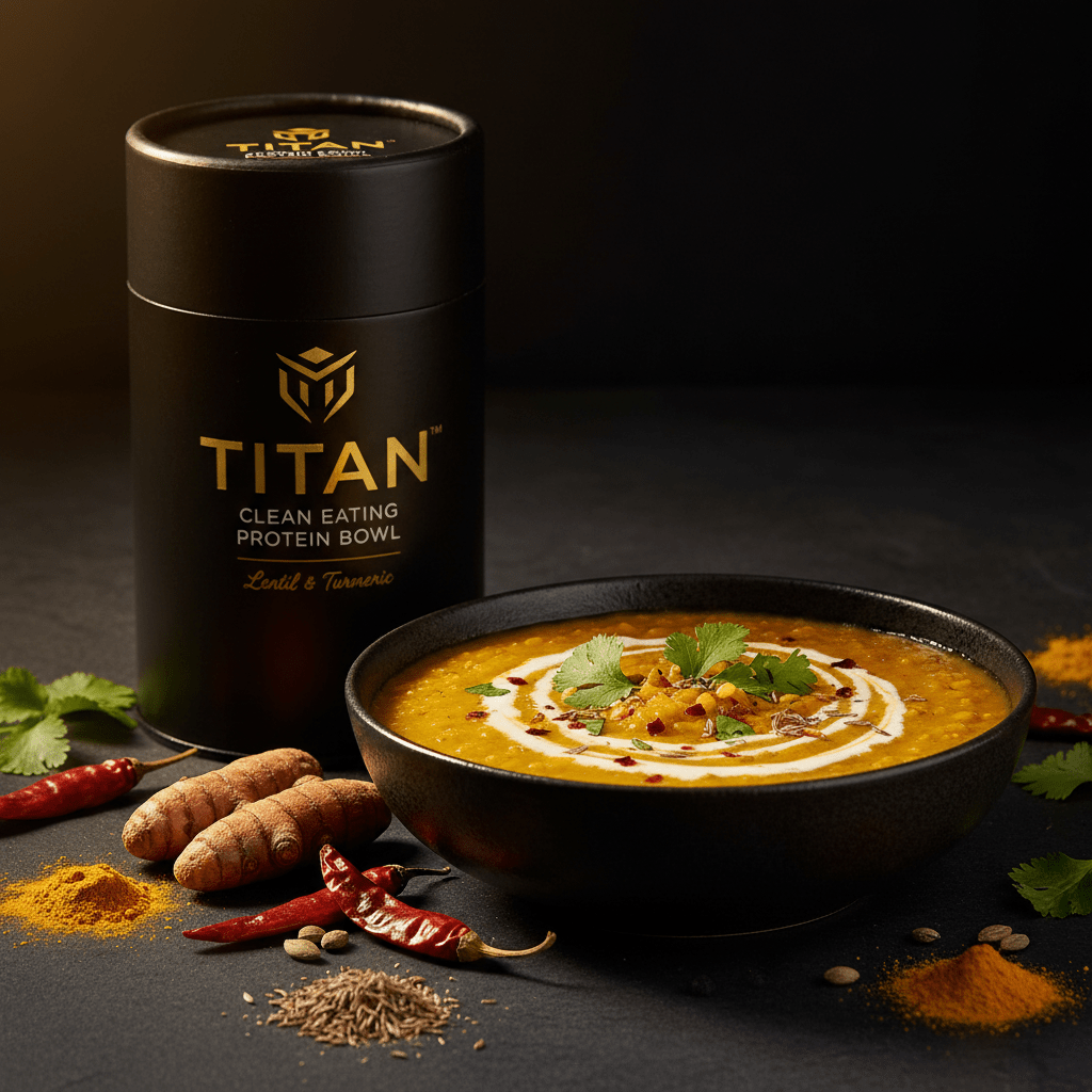 TITAN Clean Eating Protein Bowl Lentil & Turmeric — golden hour bowl shot with vibrant turmeric lentil dal, coconut cream swirl and fresh cilantro