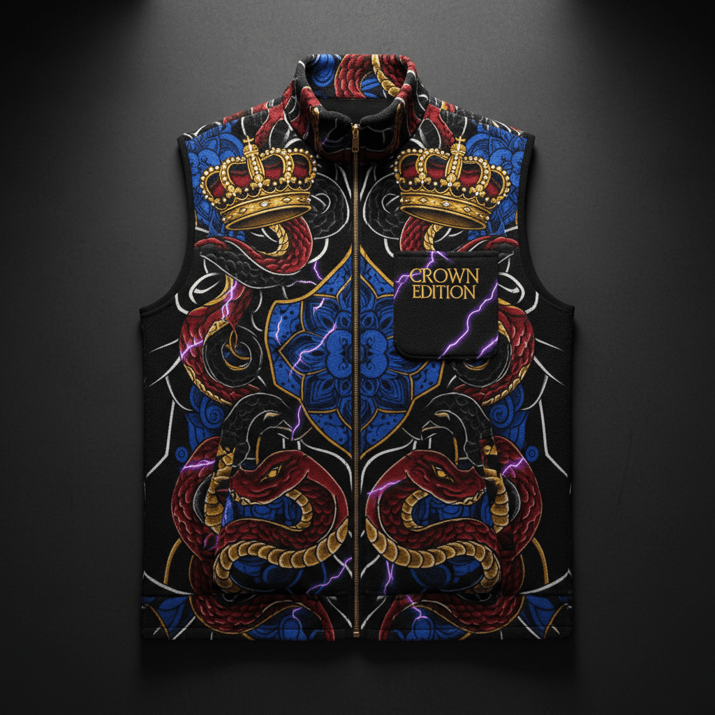 TITAN Crown Edition Tattoo Art Men's Lounge Fleece Vest - bold colorful tattoo artwork on matte black fleece