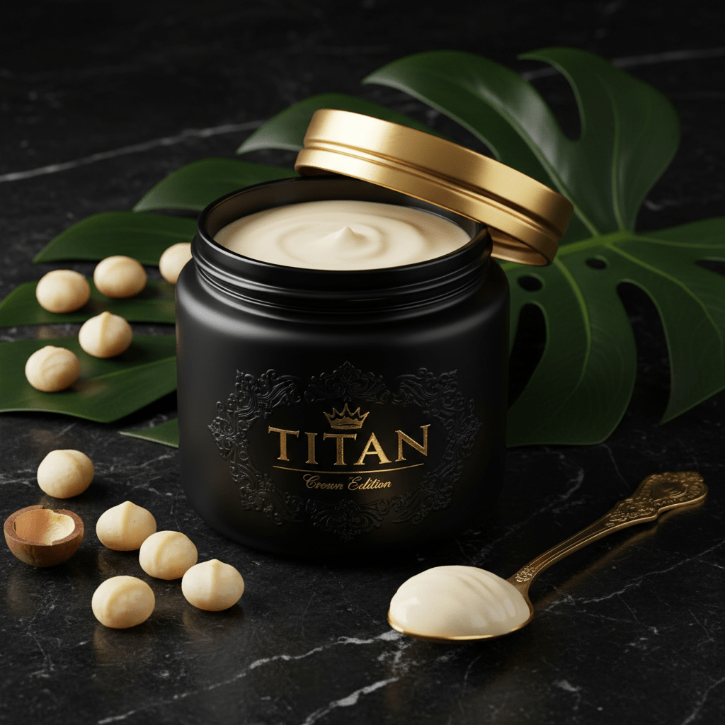 TITAN Macadamia Nut Butter Smooth Crown Edition — ultra-premium wide-mouth black glass jar product shot