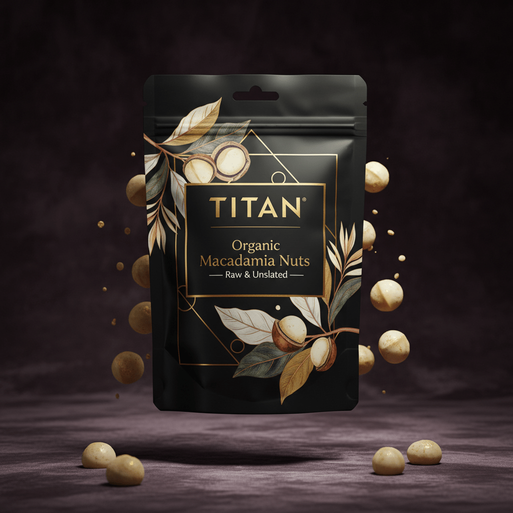 TITAN Organic Macadamia Nuts Raw & Unsalted — ultra-premium luxury editorial product shot