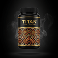 TITAN Maca Root supplement bottle with Crown Edition matte black and gold packaging featuring Incan geometric pattern artwork in terracotta and gold