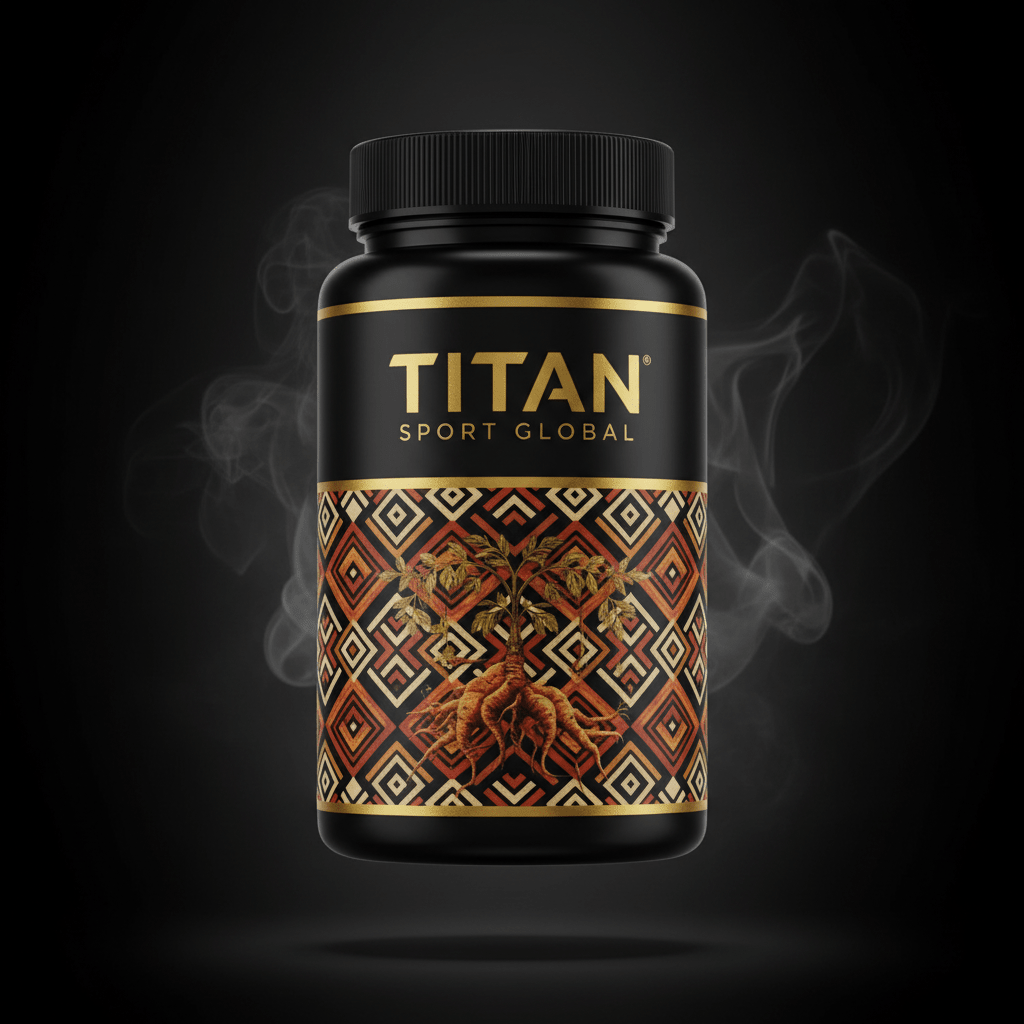 TITAN Maca Root supplement bottle with Crown Edition matte black and gold packaging featuring Incan geometric pattern artwork in terracotta and gold